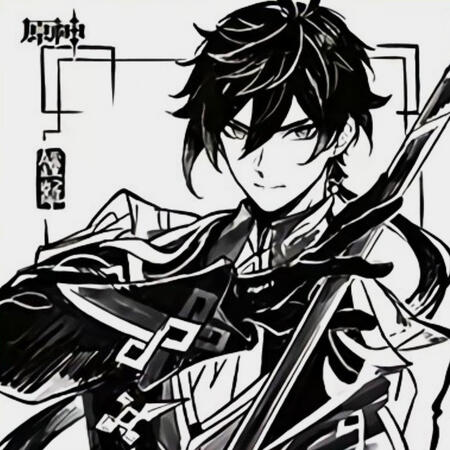A black and white ink drawing of the character Zhongli from Genshin Impact. He wears a confident smile ln his face, he holding a polearm in his hand.
