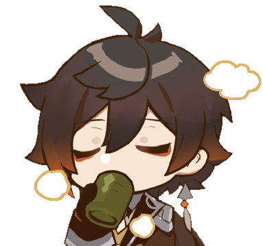 A chibi drawing of the character Zhongli from Genshin Impact. He is sipping tea from an olive green cup. His eyes are closed seemingly enjoying the tea and there are three little steam clouds around him.